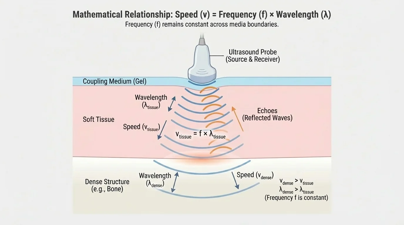 Medical ultrasound probe sending sound waves into body tissue with echoes returning to the probe