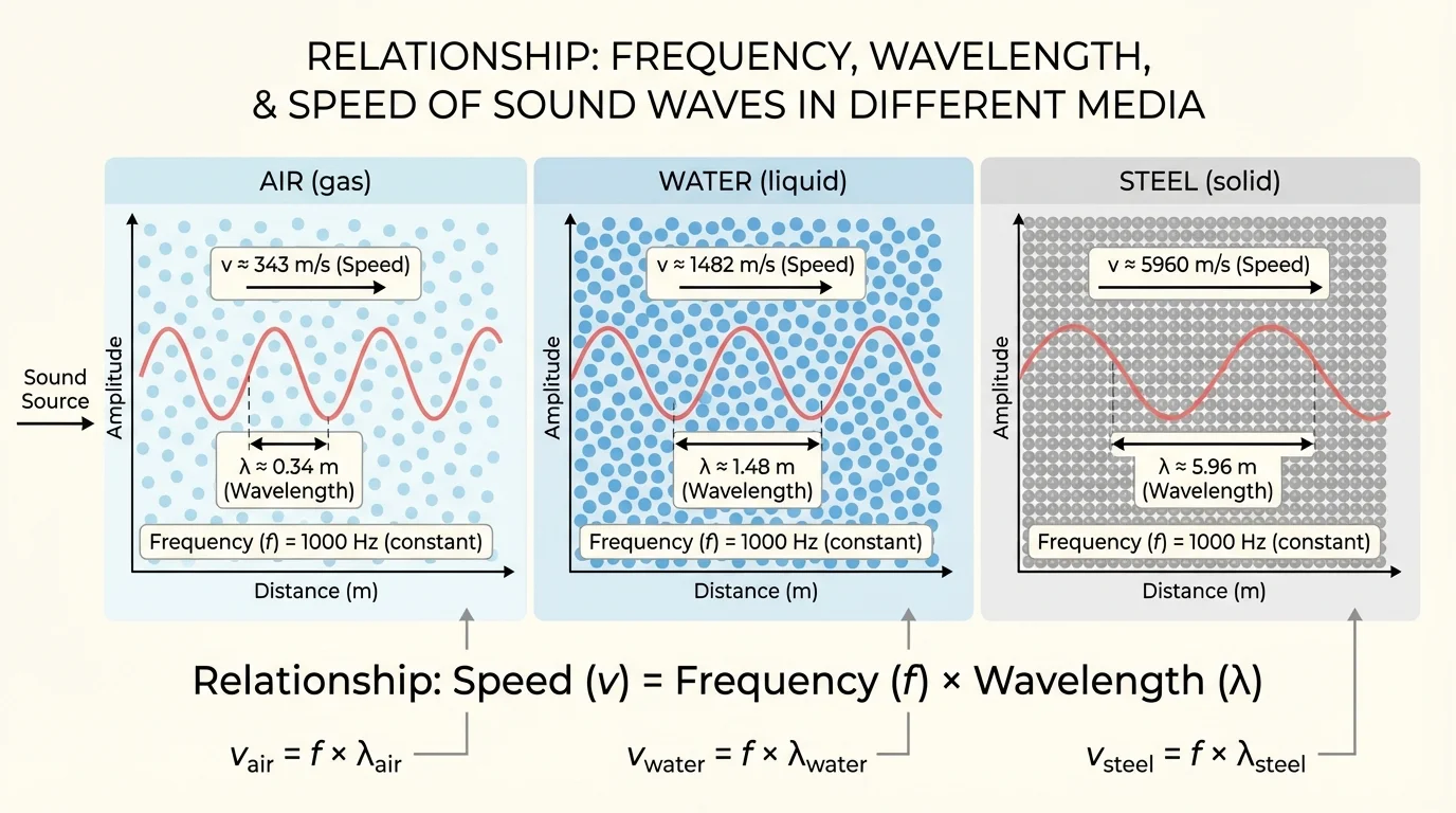 Side-by-side comparison of sound in air, water, and steel showing increasing wave speed and corresponding longer wavelengths for the same frequency