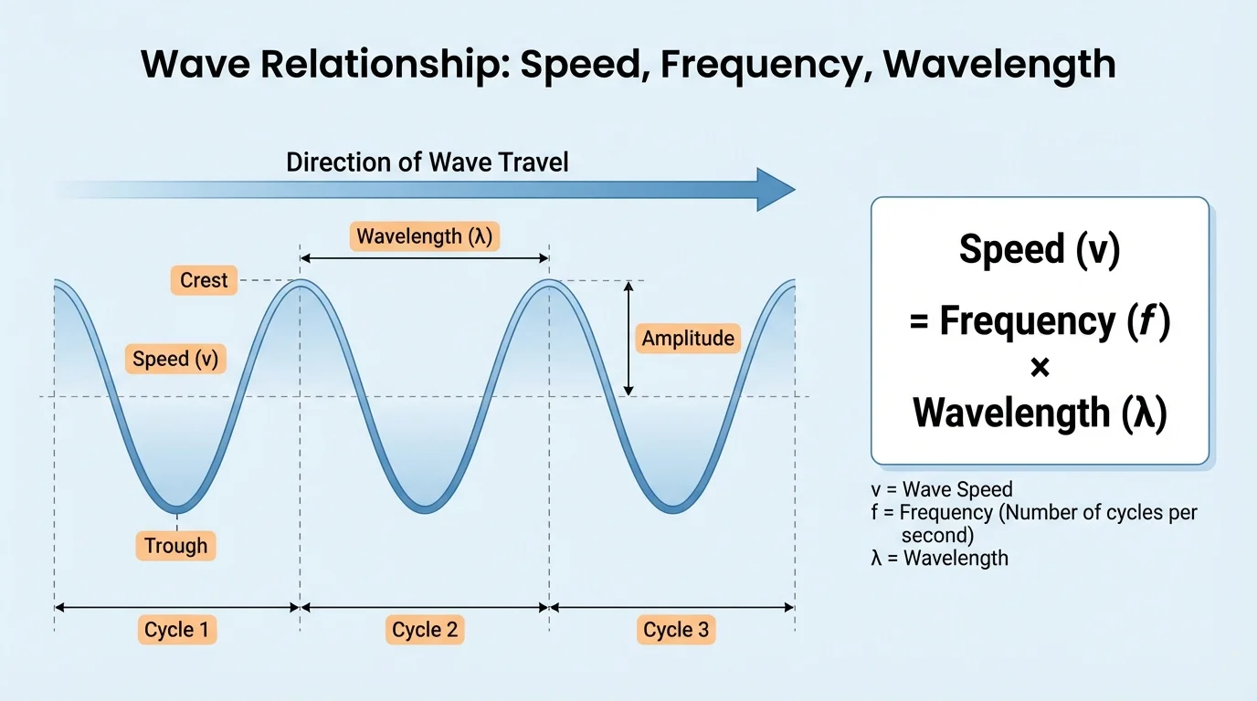 Labeled transverse wave with crest, trough, crest-to-crest wavelength, repeating cycles, and an arrow showing direction of wave travel