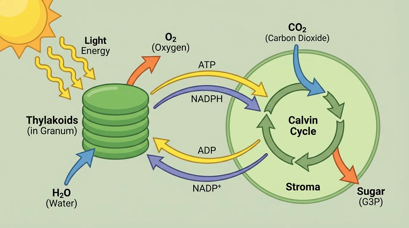Flowchart of photosynthesis showing light reactions in thylakoids producing ATP and NADPH, and the Calvin cycle in the stroma producing sugar