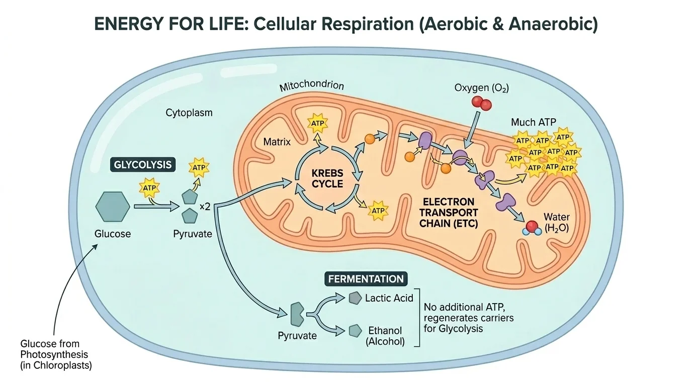 Diagram of a cell with cytoplasm and mitochondrion labeled, showing glycolysis in cytoplasm and Krebs cycle and electron transport chain in mitochondrion