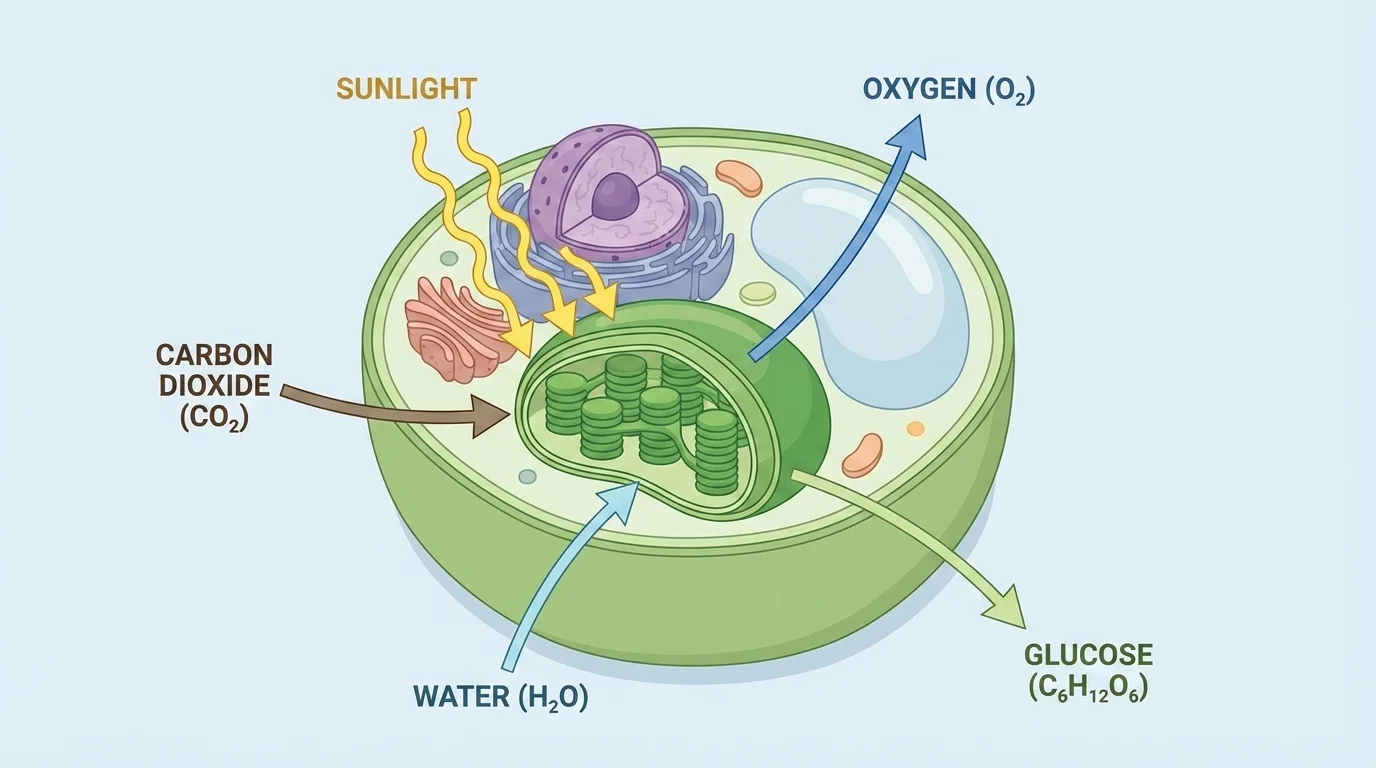 Labeled plant cell highlighting chloroplasts, with arrows showing sunlight, carbon dioxide, and water entering and glucose and oxygen produced