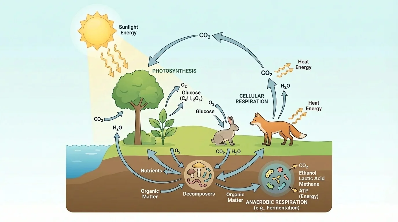 Ecosystem diagram showing plants photosynthesizing, animals and decomposers respiring, carbon dioxide cycling, and sunlight entering the system