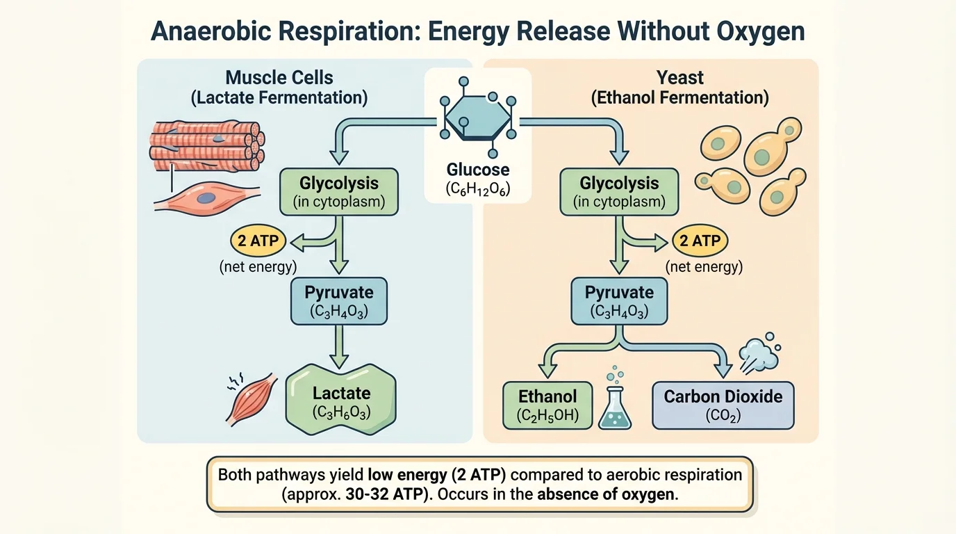 Comparison chart showing glucose converted to lactate in muscle cells and to ethanol plus carbon dioxide in yeast, with low ATP output in both