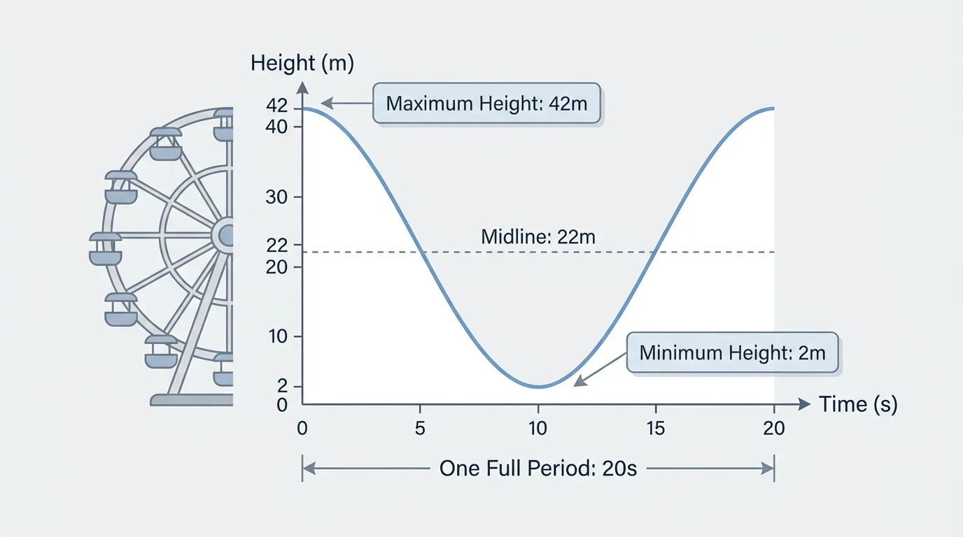 Ferris wheel height versus time graph with labeled minimum 2, maximum 42, dashed midline 22, and one full period from 0 to 20 seconds