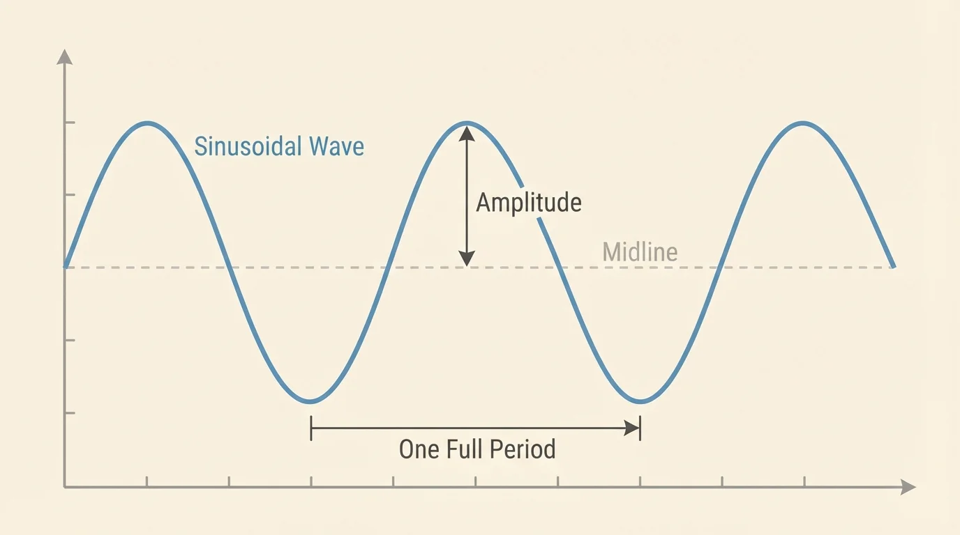 Graph of a sinusoidal wave with a dashed horizontal midline, vertical amplitude marked from midline to maximum, and one full period marked along the x-axis