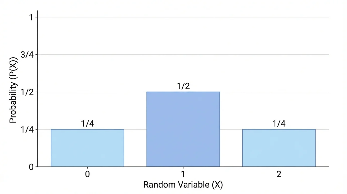 Bar graph on coordinate axes with x-values 0, 1, 2 and bar heights showing probabilities 1/4, 1/2, 1/4