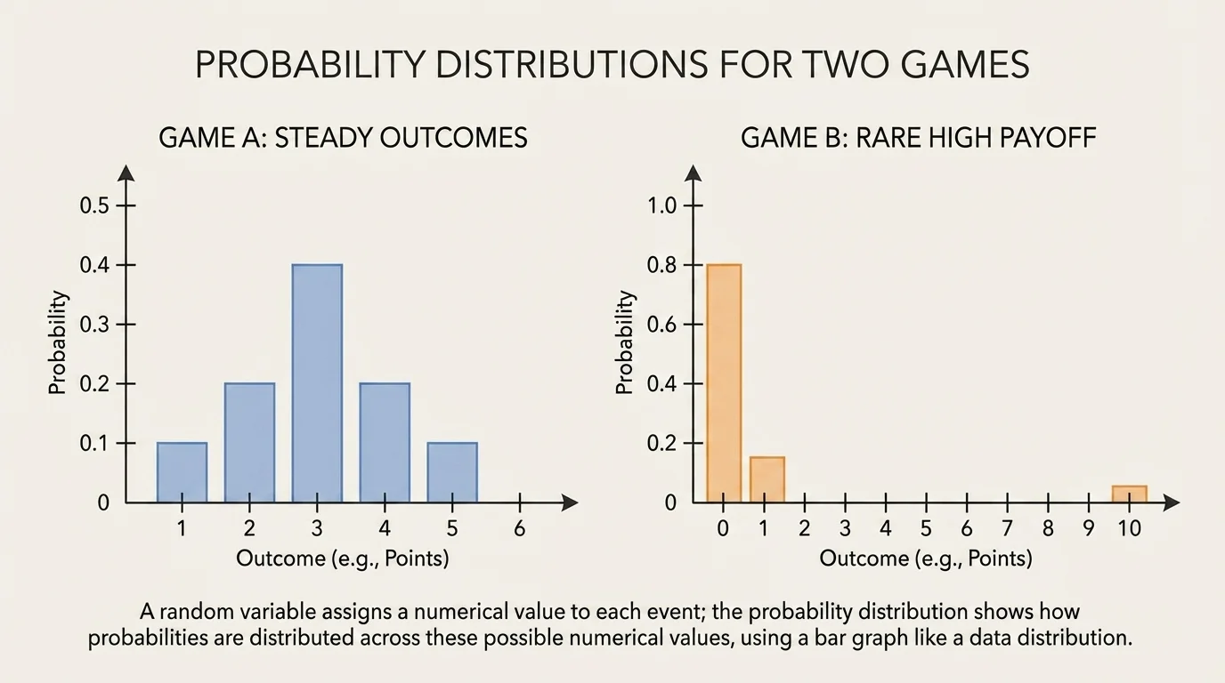 Side-by-side probability bar graphs for two games, one with steadier moderate outcomes and one with rare high payoff