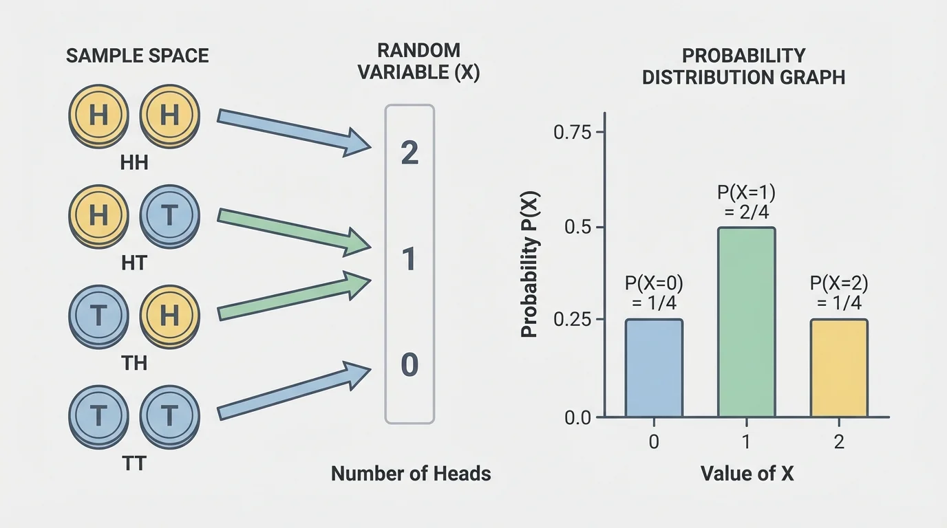 Sample space for two coin tosses with outcomes HH, HT, TH, TT and arrows to the random variable values 2, 1, 1, 0