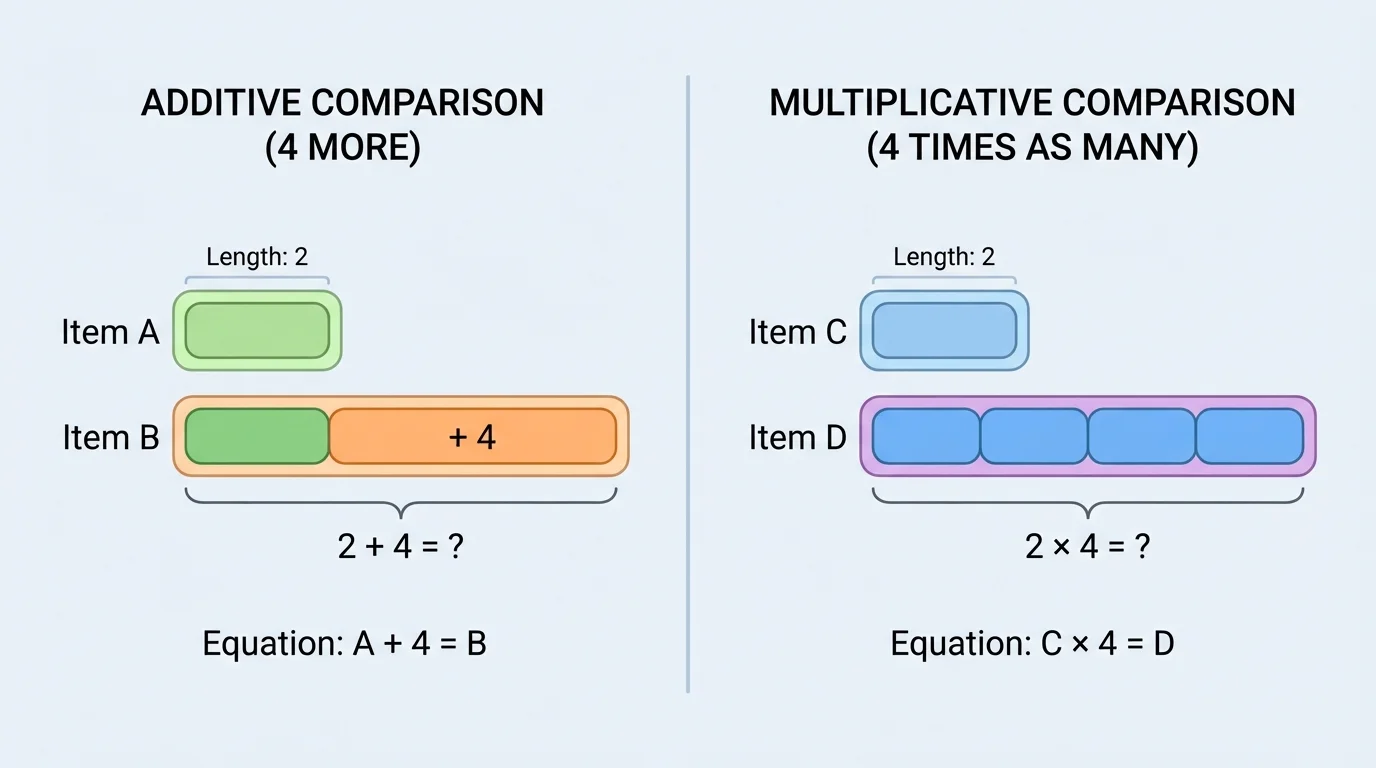 Comparison illustration with one pair of bars showing "4 more" and another pair showing "4 times as many," using the same starting bar length