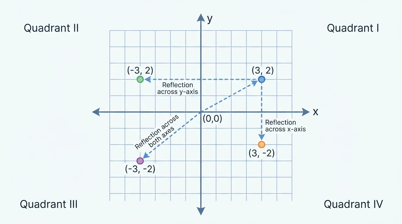 graph showing one point and three reflected points across x-axis, y-axis, and both axes