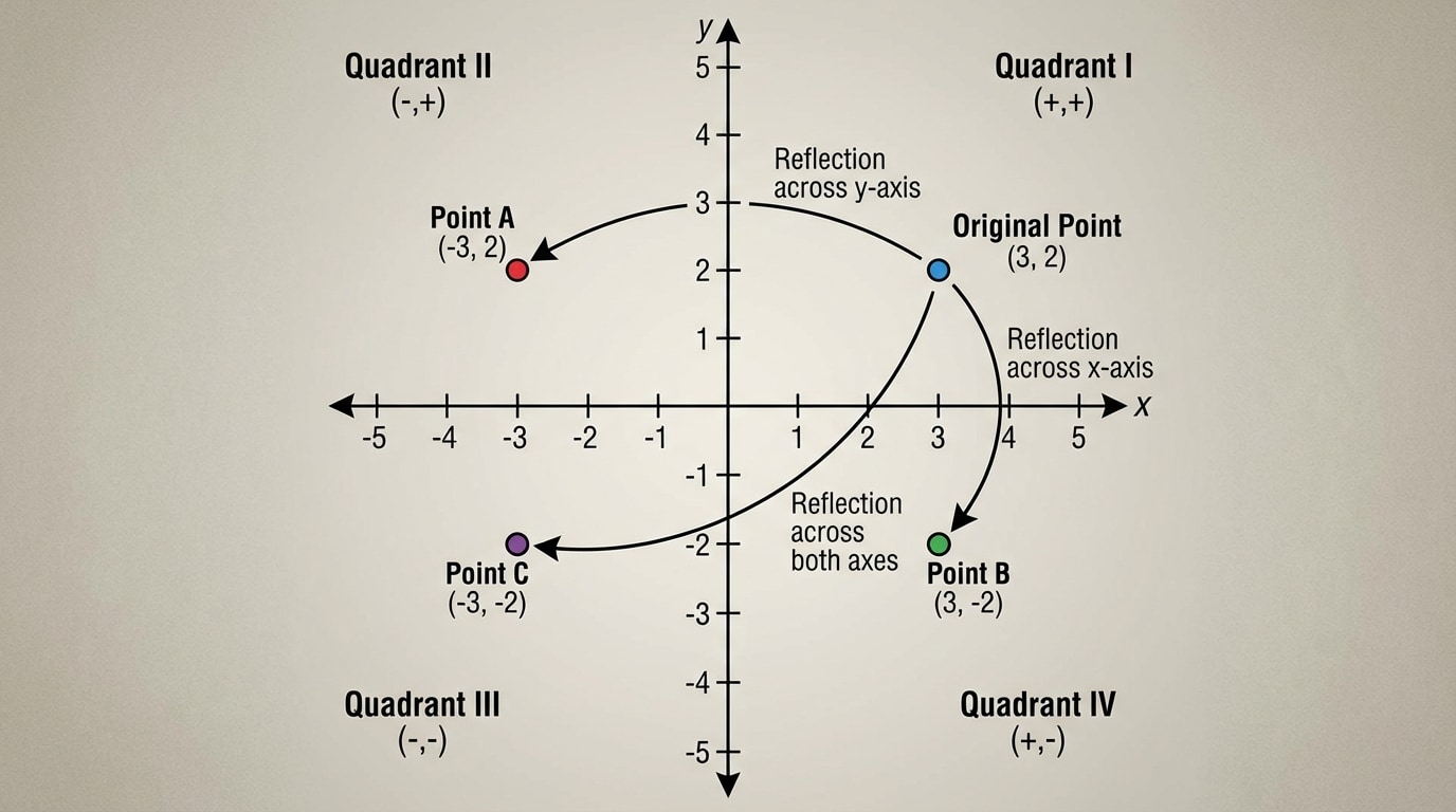 Coordinate plane with one original point in Quadrant I (like (3,2)) and its three reflections across x-axis, y-axis, and both axes labeled with arrows and coordinates