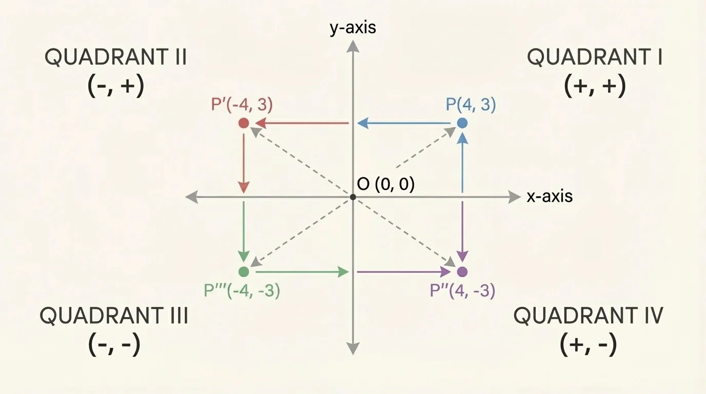 coordinate plane with x-axis, y-axis, origin, and quadrants I, II, III, IV labeled with sign patterns