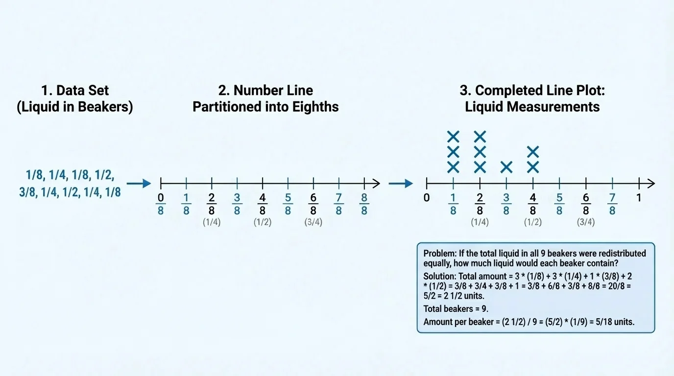 three-part diagram showing a list of fraction measurements, a number line partitioned into eighths, and the completed line plot with stacked X marks above each fraction