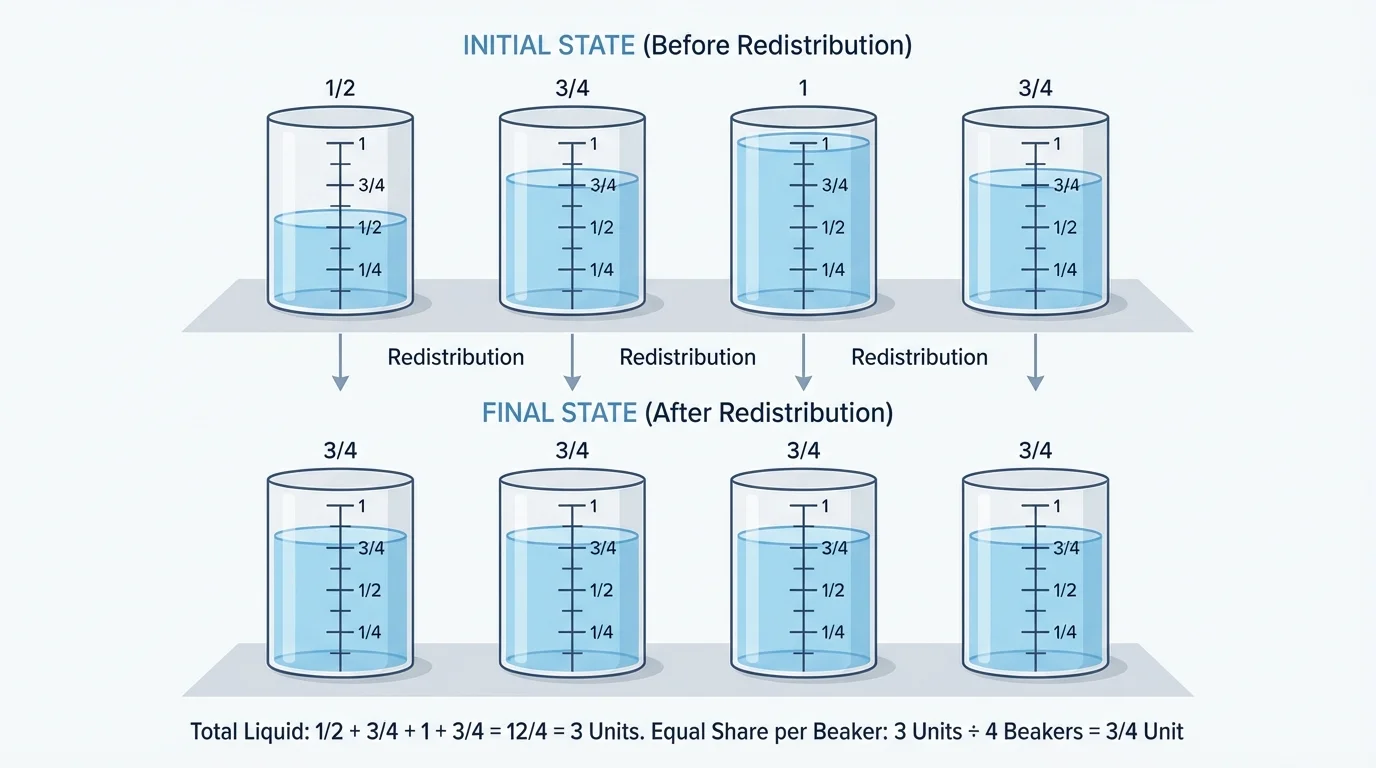 four identical beakers with different fractional liquid levels such as 1/2, 3/4, 1, and 3/4, plus a second row showing all four beakers at the same equal level after redistribution