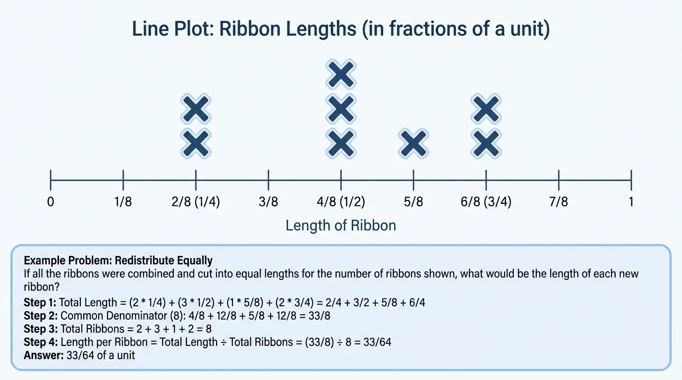 line plot of ribbon lengths on a number line from 0 to 1 marked in eighths, with stacks of X marks above values such as 1/4, 1/2, 5/8, and 3/4