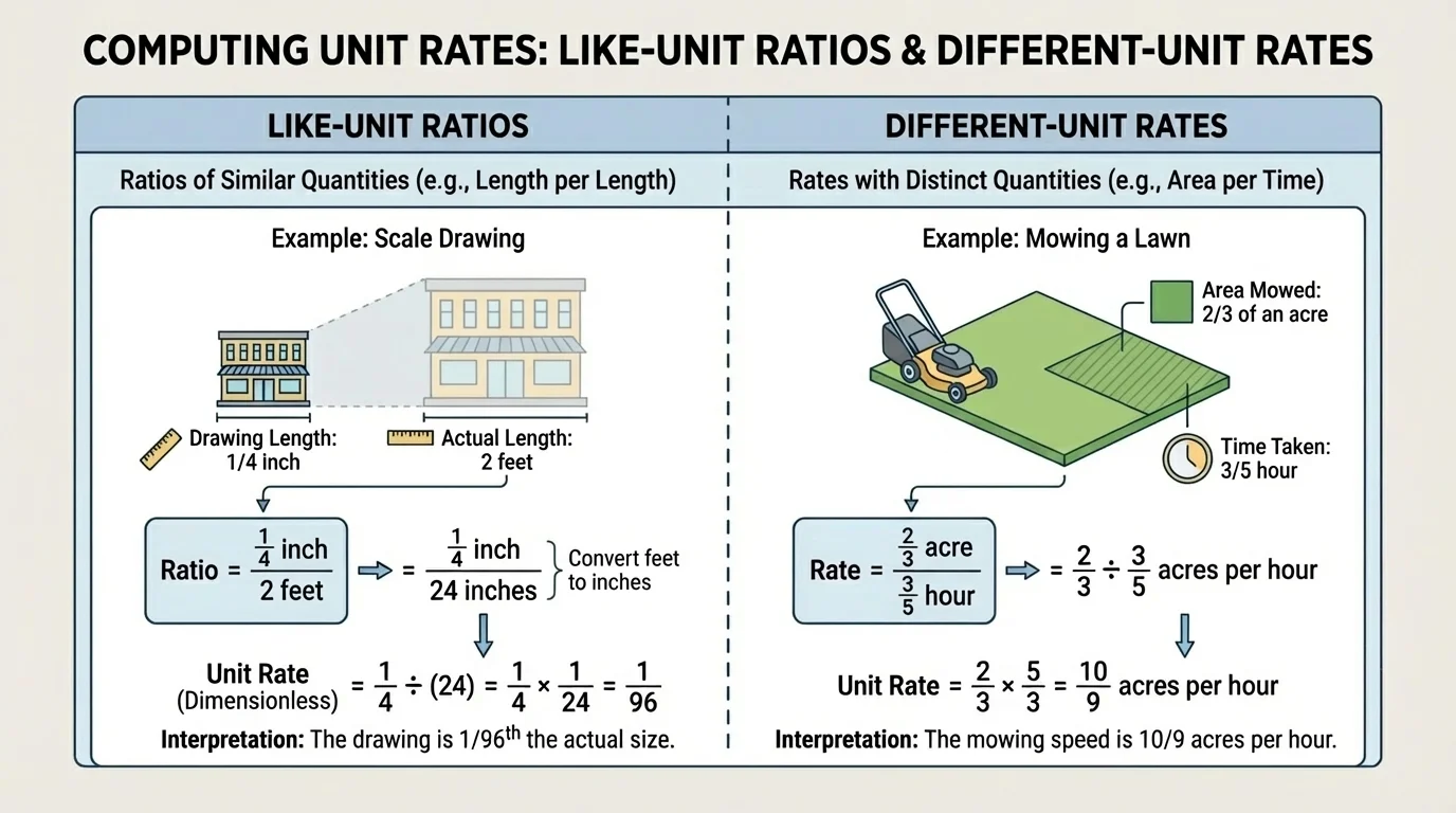 Chart comparing like-unit ratios and different-unit rates, with examples of length per length and area per time