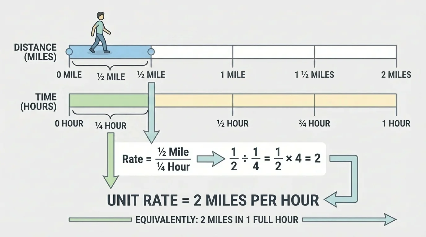 Illustration of a walker covering half a mile in one-quarter hour, with a simple timeline scaled to one full hour