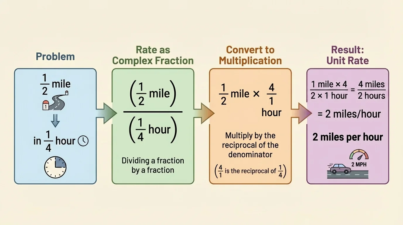 Flowchart showing a rate written as a complex fraction, then divided by multiplying by the reciprocal, with units carried through