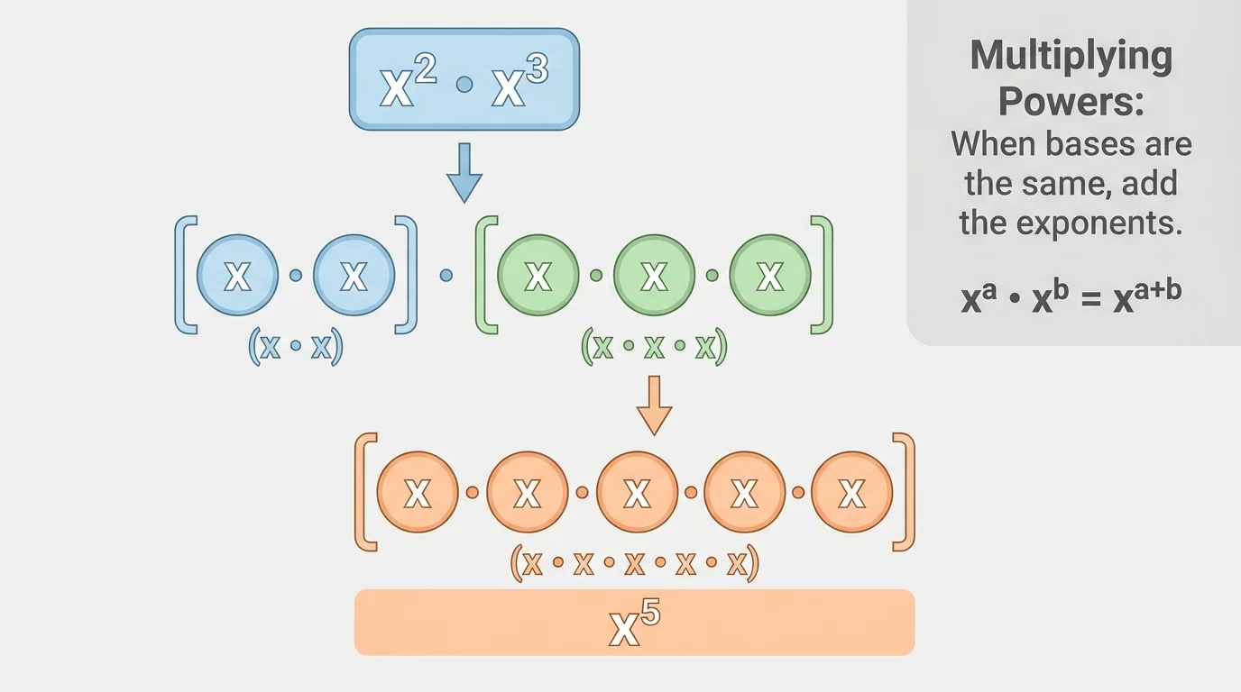 repeated-factor diagram showing x^2 times x^3 expanded as x·x and x·x·x, then combined into five x factors labeled x^5