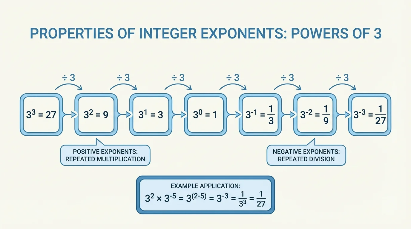 chart of powers of 3 from positive to negative exponents, showing 3^3, 3^2, 3^1, 3^0, 3^-1, 3^-2, 3^-3 with values decreasing by division by 3 each step