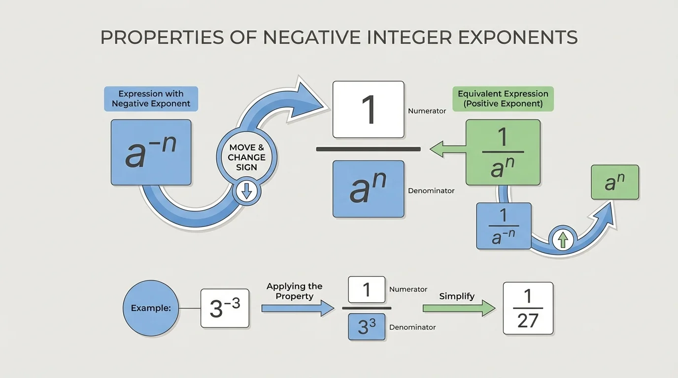 flowchart showing a^-n rewritten as 1 over a^n, and factors moving from numerator to denominator or denominator to numerator with exponents becoming positive