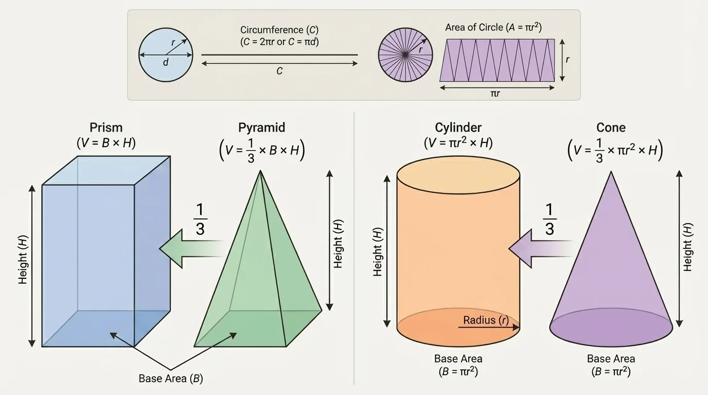 Side-by-side comparison of a prism with a pyramid and a cylinder with a cone, each pair sharing the same base and height