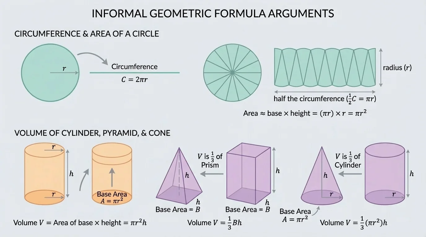 Circle divided into many equal sectors, then rearranged alternately to form a shape with height labeled radius and base labeled half the circumference