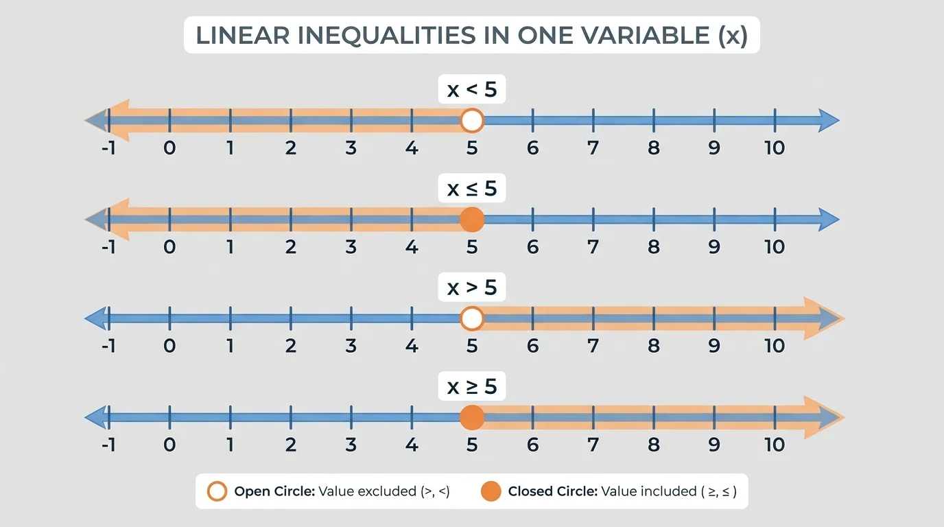 Number line showing open circle at 5 with shading left for x<5 and closed circle at 5 with shading left for x≤5, plus examples of shading right for greater-than inequalities