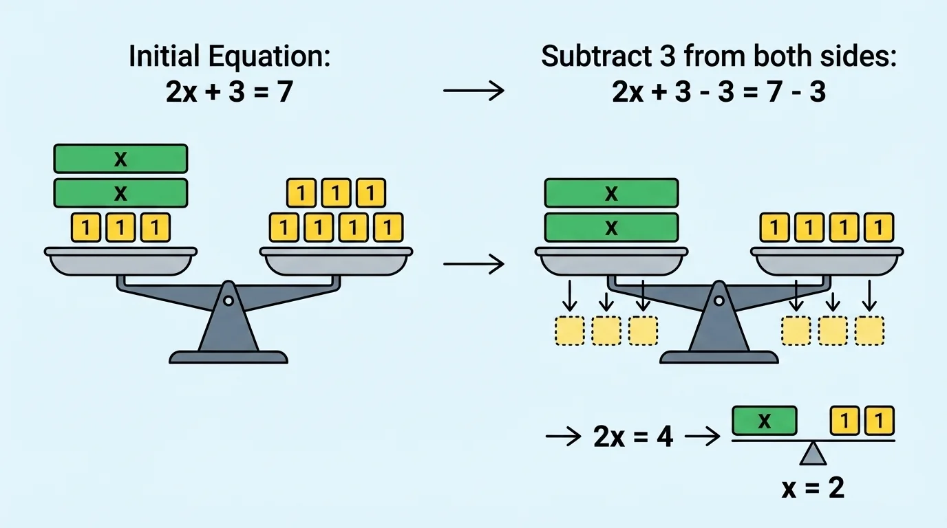 Balance scale with algebra tiles showing x-blocks and constant weights on both sides, then the same weights removed from each side to preserve equality