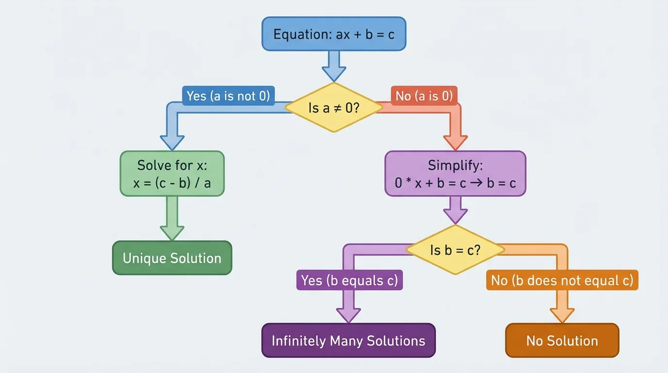Decision tree for solving ax+b=c, branching on a not equal to 0 versus a=0, then showing unique solution, no solution, or infinitely many solutions depending on whether b=c