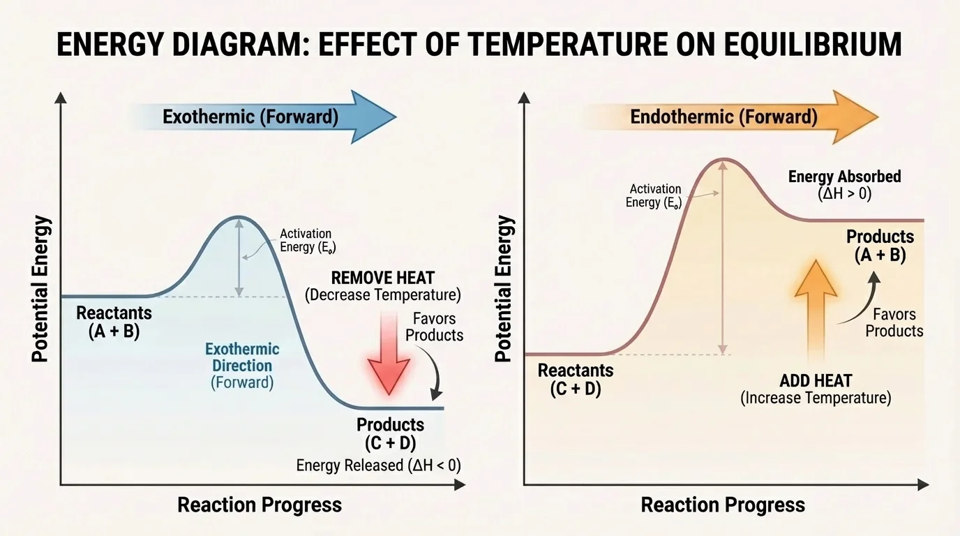 Energy diagram comparing exothermic and endothermic directions, with arrows showing that adding heat favors the endothermic direction and removing heat favors the exothermic direction