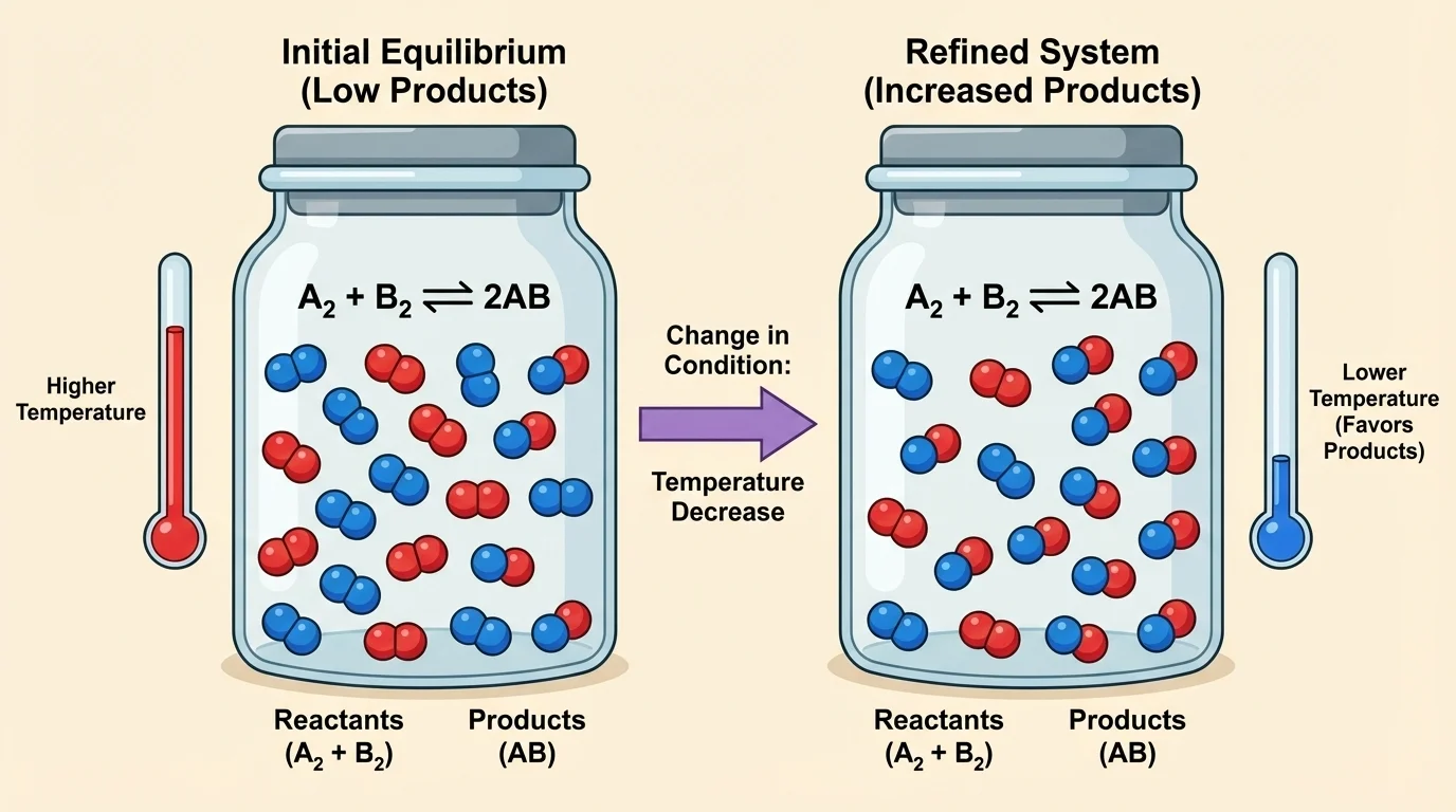 Particle-level diagram of a reversible reaction in a sealed container showing reactant molecules converting to product molecules and product molecules converting back, with equal forward and reverse rates at equilibrium