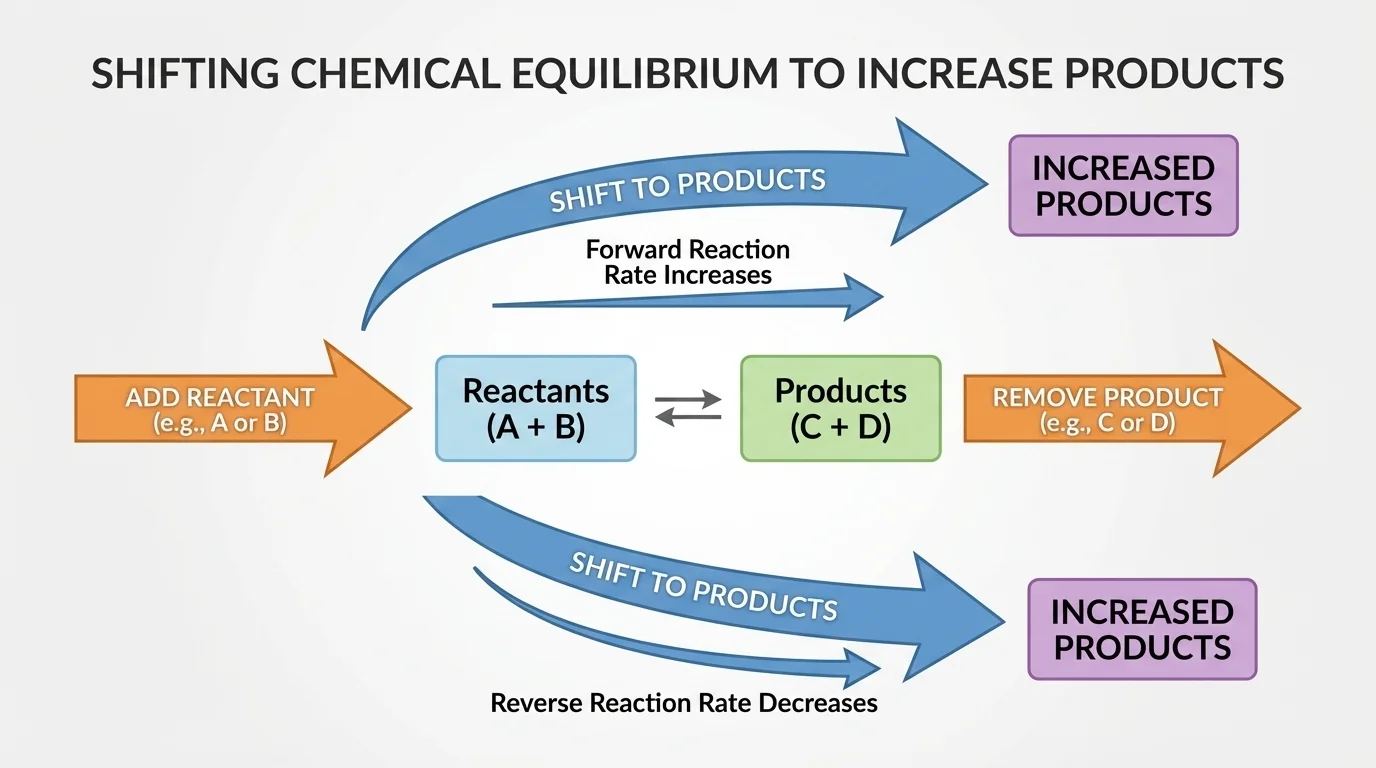Flowchart of an equilibrium reaction showing two disturbances, adding reactant and removing product, with arrows indicating a shift to the product side in both cases