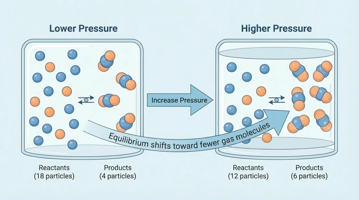 Two gas-reaction containers comparing lower pressure and higher pressure, with particle counts labeled on reactant side and product side, and an arrow showing shift toward fewer gas molecules when compressed