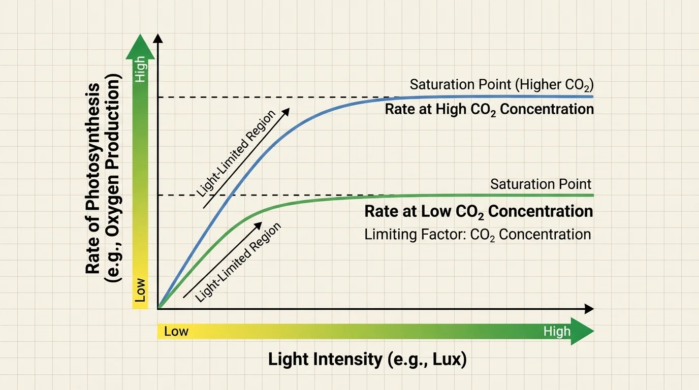 Graph of photosynthesis rate rising with light intensity then leveling off, with a second saturation curve for carbon dioxide concentration