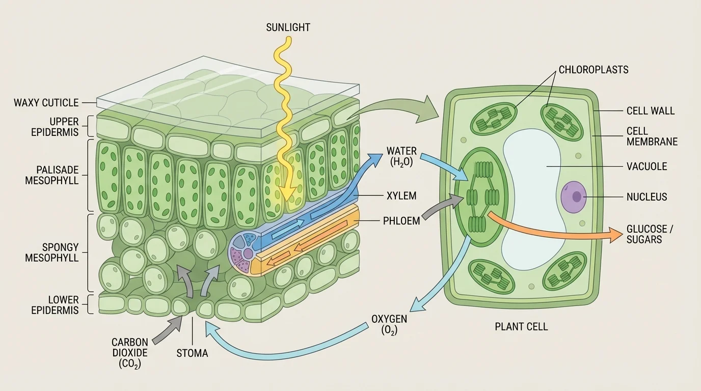 Labeled leaf cross-section and plant cell showing stomata, mesophyll cells, chloroplasts, and movement of sunlight, water, carbon dioxide, and oxygen