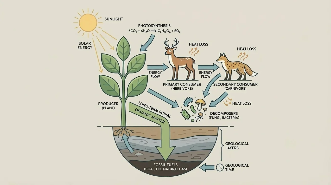 Sunlight captured by plants, energy moving to herbivores, carnivores, decomposers, and long-term burial forming fossil fuels