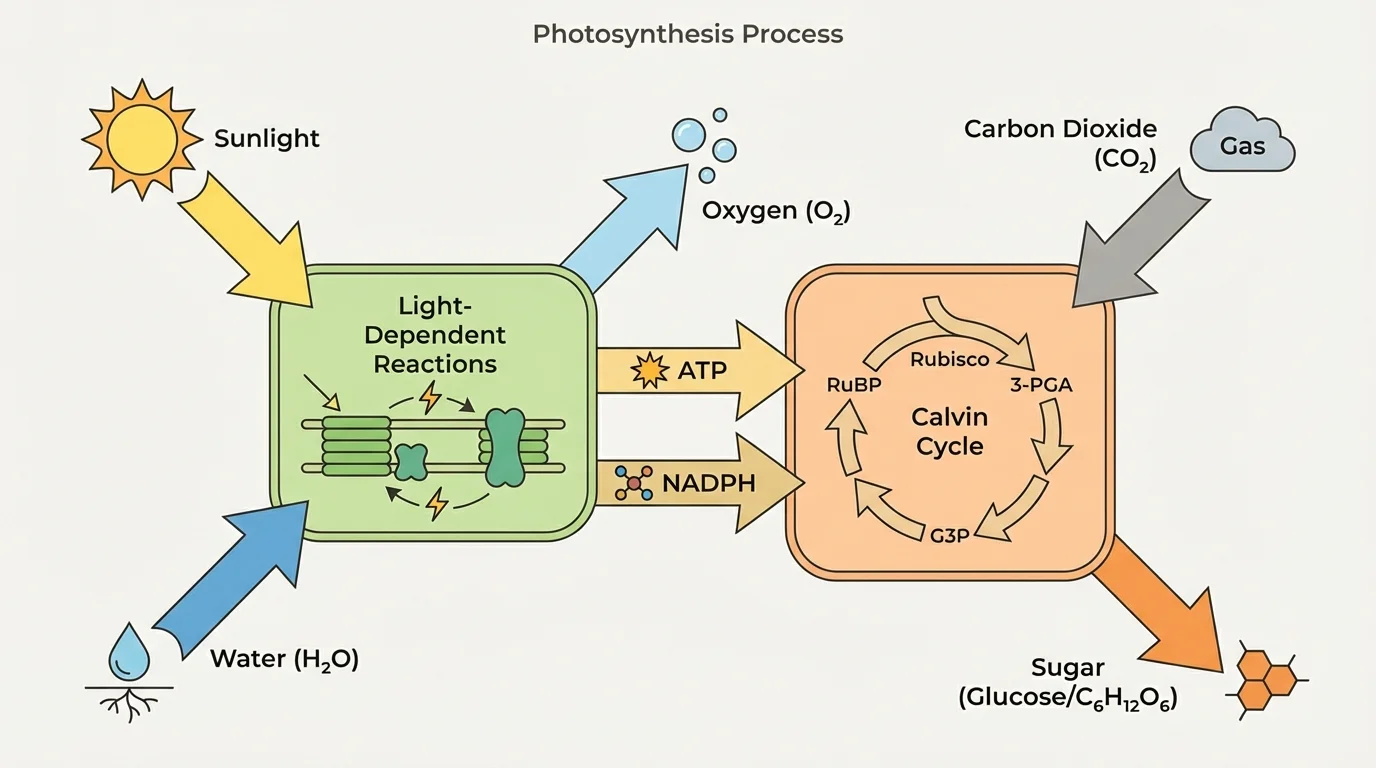 Flowchart of photosynthesis showing sunlight and water entering light reactions, oxygen released, ATP and NADPH sent to the Calvin cycle, carbon dioxide entering, and sugar produced