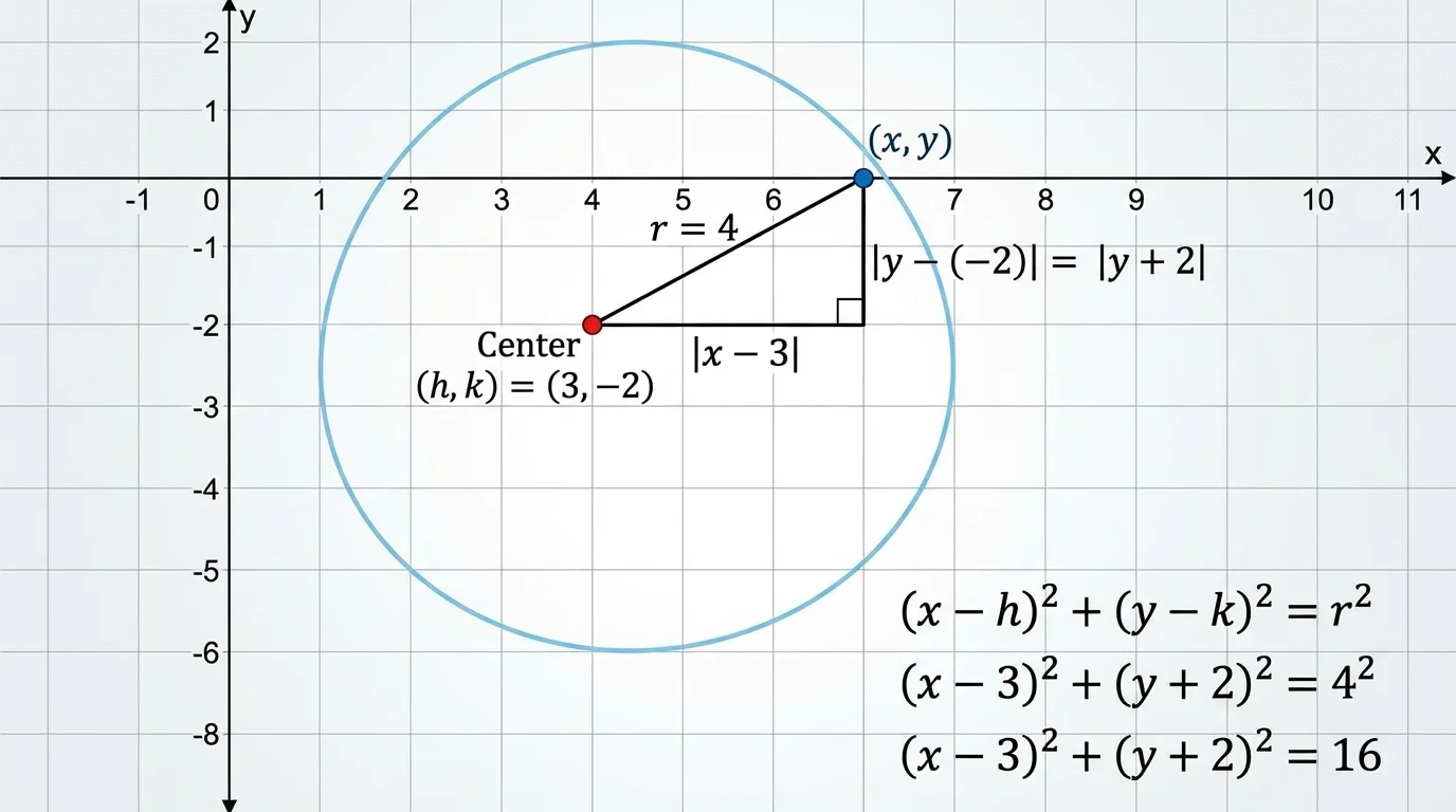 Coordinate graph of a circle centered at (3,-2) with radius 4, with center point marked and one radius drawn to the circle