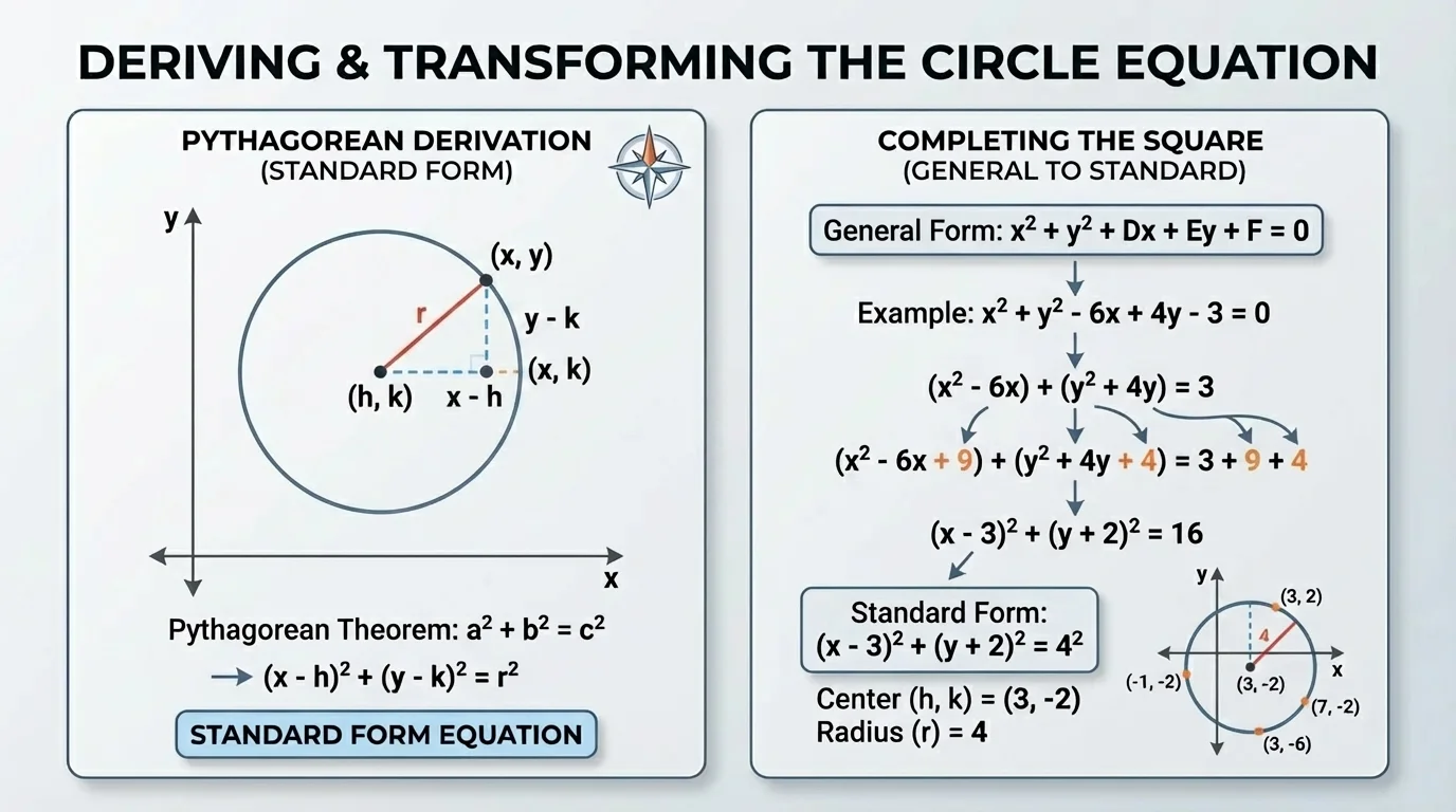 Side-by-side visual with an equation in general form transforming into standard form and a corresponding circle centered away from the origin on a coordinate plane