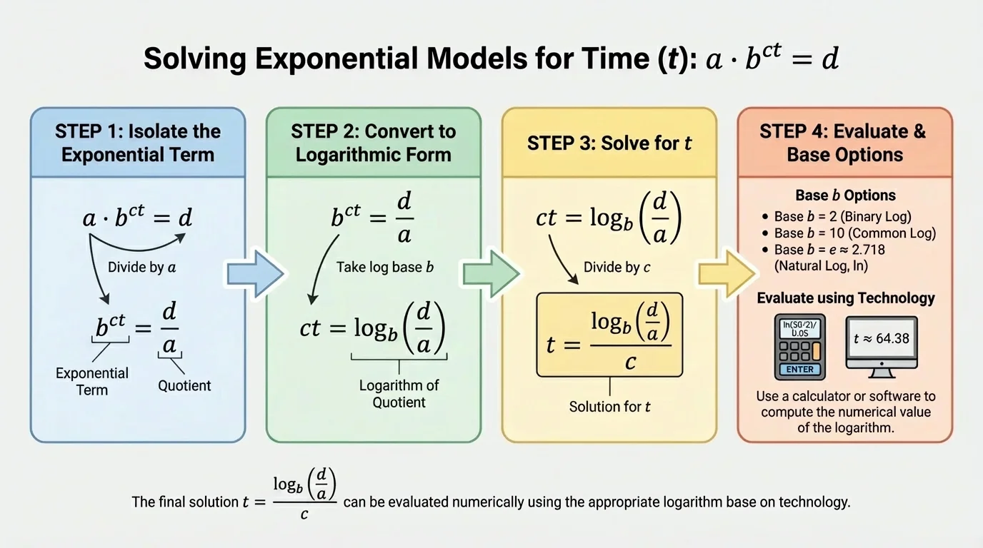 step-by-step flow from ab^(ct)=d to b^(ct)=d divided by a, then to ct=log base b of d over a, then to t equals that logarithm divided by c