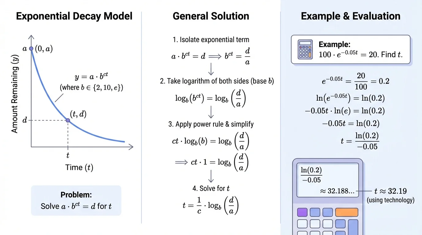 decreasing exponential curve for a decay model with time on the horizontal axis and amount remaining on the vertical axis, showing rapid initial drop then leveling off