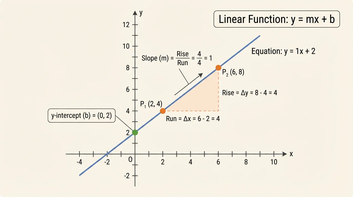 graph of a straight line on coordinate axes with two marked points, a slope triangle showing rise and run, and the y-intercept labeled