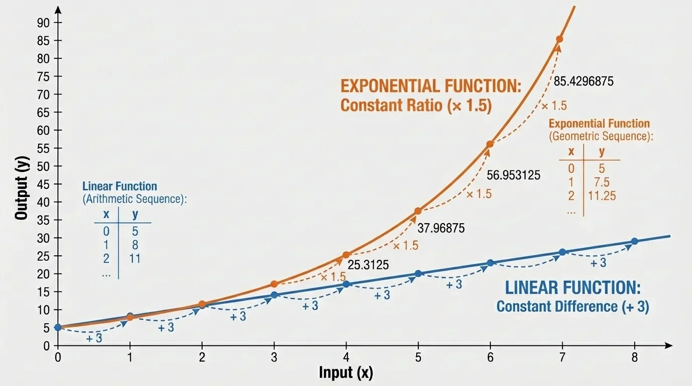 coordinate plane showing a straight line and an exponential curve starting near similar values and then diverging, highlighting constant difference versus constant ratio visually