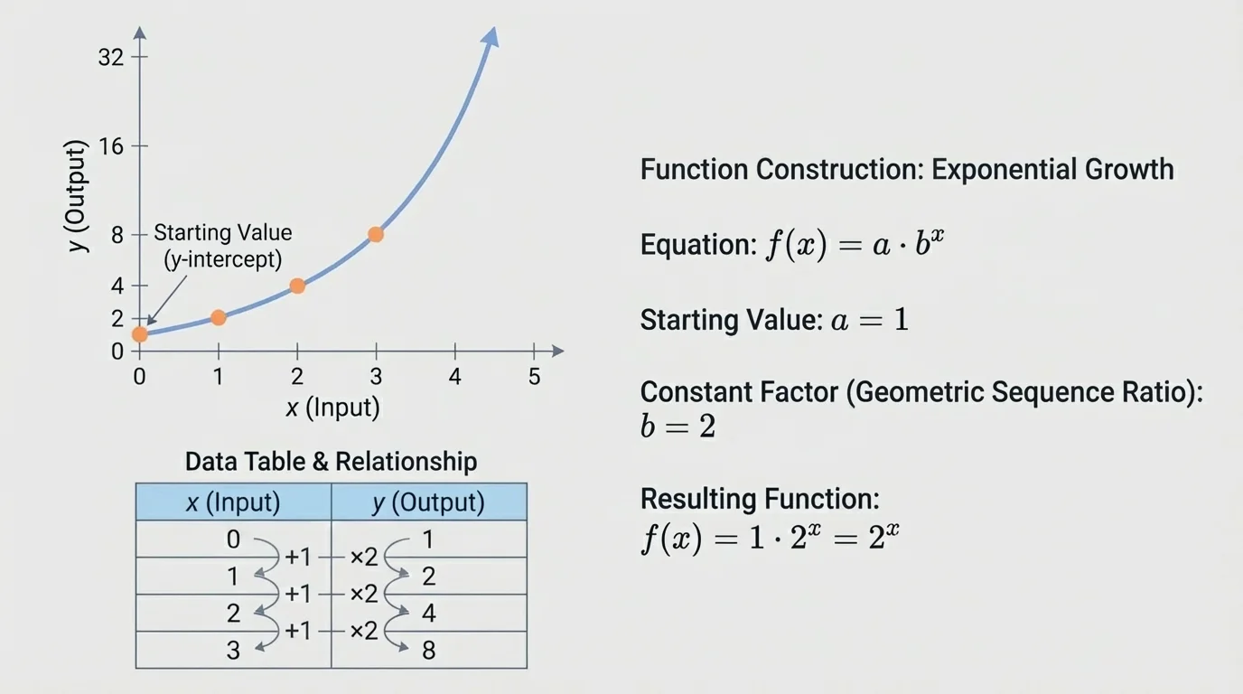 graph of an increasing exponential curve with several plotted points at equal x-intervals, showing the starting value and repeated multiplication by the same factor