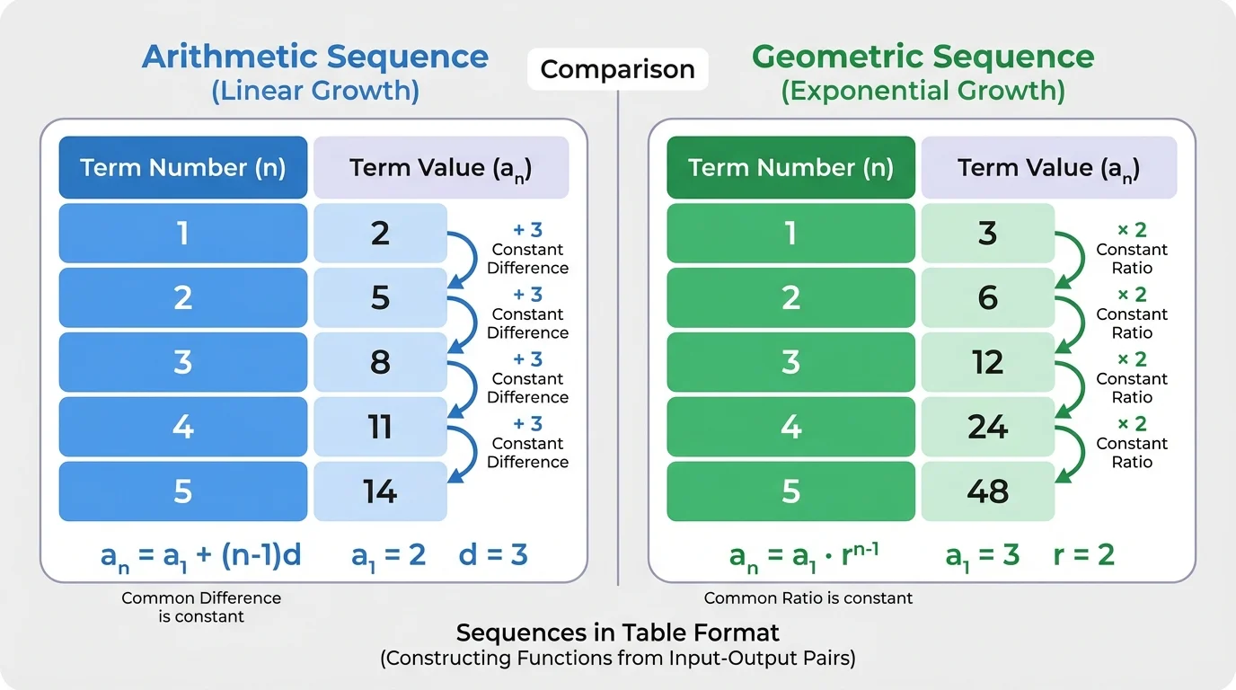 side-by-side table comparing an arithmetic sequence with constant difference and a geometric sequence with constant ratio, using term number and term value