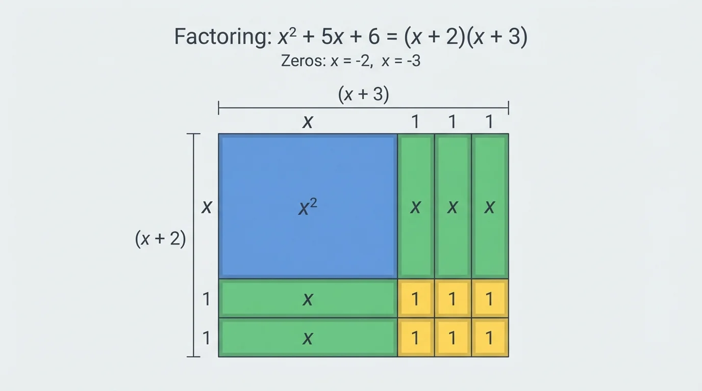 Algebra tile style rectangle partitioned into x^2, 2x, 3x, and 6 with side lengths labeled x+2 and x+3