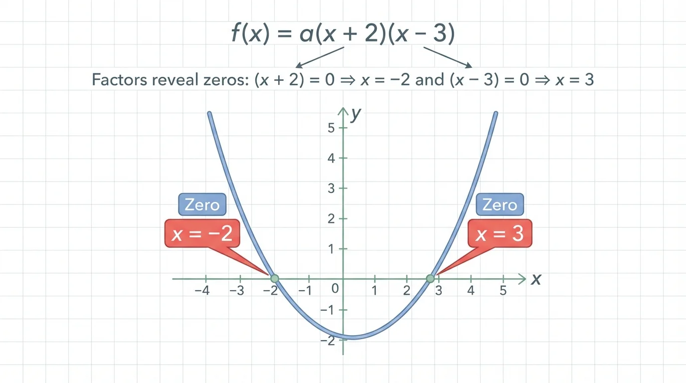 Graph of a parabola with x-intercepts labeled -2 and 3, showing intercepts corresponding to factors x+2 and x-3