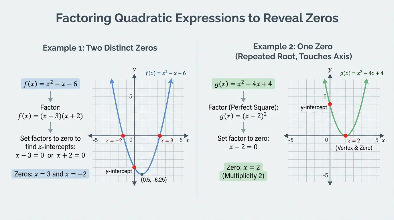Two parabolas on coordinate planes, one crossing the x-axis at two points and one touching the x-axis at x=2 with the vertex on the axis